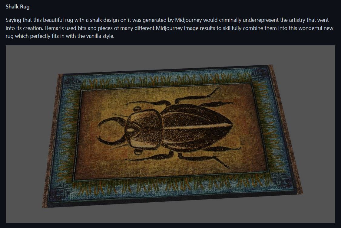 Screenshot of a new textile rug asset included in a Morrowind mod, partly generated with midjourney. An accompanying quote reads: 'Saying that this beautiful rug with a shalk design on it was generated by Midjourney would criminally underrepresent the artistry that went into its creation. Hemaris used bits and pieces of many different Midjourney image results to skillfully combine them into this wonderful new rug which perfectly fits in with the vanilla style.'