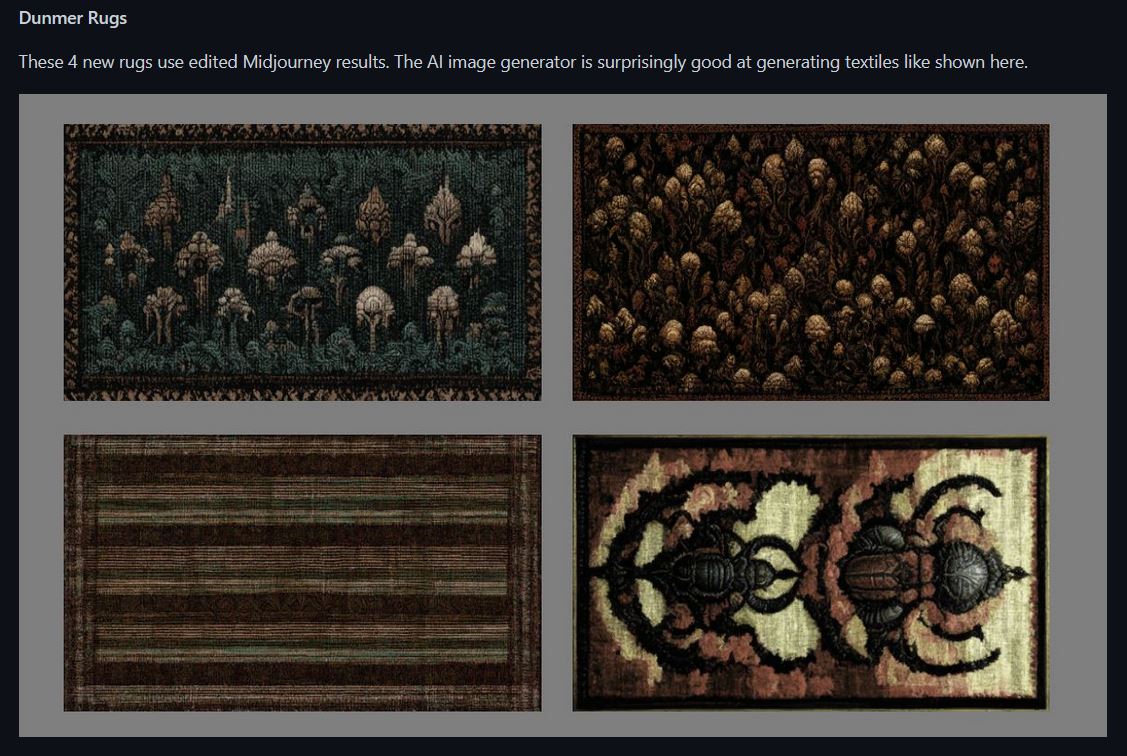 Screenshot of four new textile rug assets included in a Morrowind mod, partly generated with midjourney. An accompanying quote reads: 'These 4 new rugs use edited Midjourney results. The AI image generator is surprisingly good at generating textiles like shown here.'